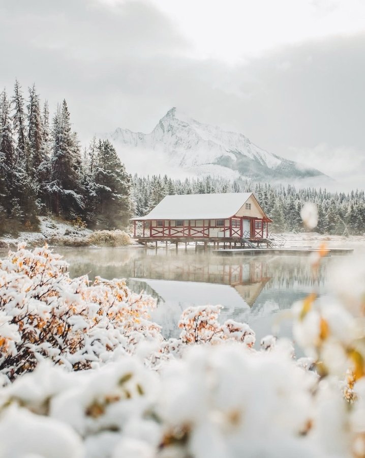 Instagram post by @beapayette for Travel Alberta. Caption reads: First snow in Jasper kinda magic

Something about....