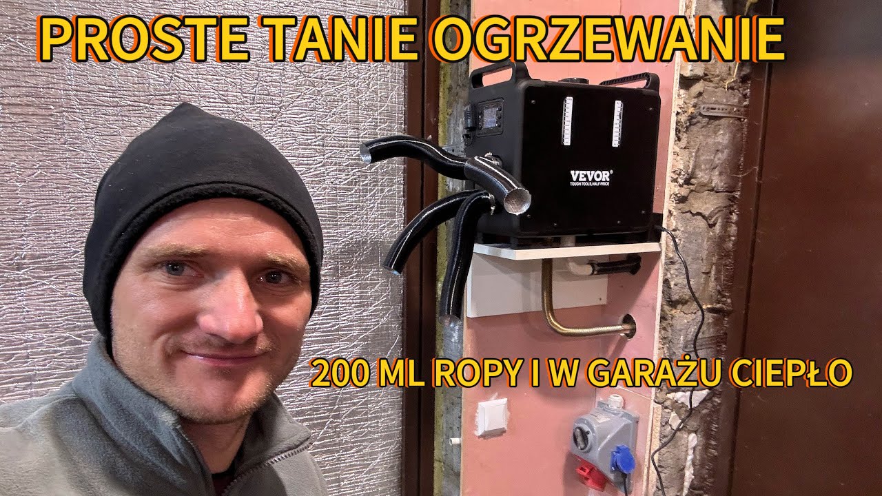 YouTube post by @bester_wszystkoinic for VEVOR. Caption reads: SIMPLE, CHEAP GARAGE HEATING WITH 200 ML OF OIL....