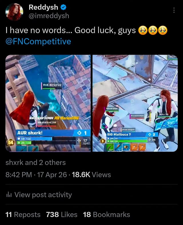 Instagram post by @imreddysh for Epic Games Store. Caption reads: Just @shxrk_fnbr, @malibucafn & @vicotryona....