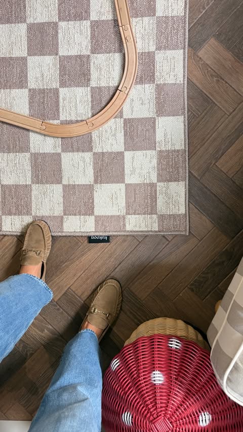 Instagram post by @buildingbryandrum for Kukoon Rugs. Caption reads: Play Room Re-set | @kukoonrugs 🧸 Perfect balance....
