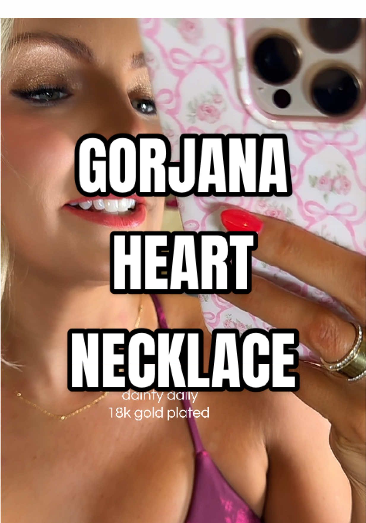 TikTok post by @leahkat22 for gorjana. Caption reads: @gorjana #gorjana #gorjananecklace #heartnecklace....