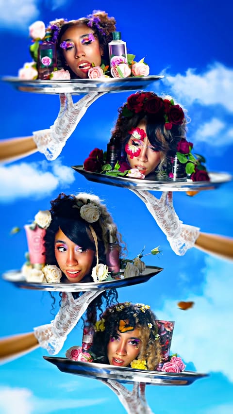 Instagram post by @em0n33y for Bath & Body Works. Caption reads: #AD Serving looks AND fragrance 🌹🦋 Which rose....