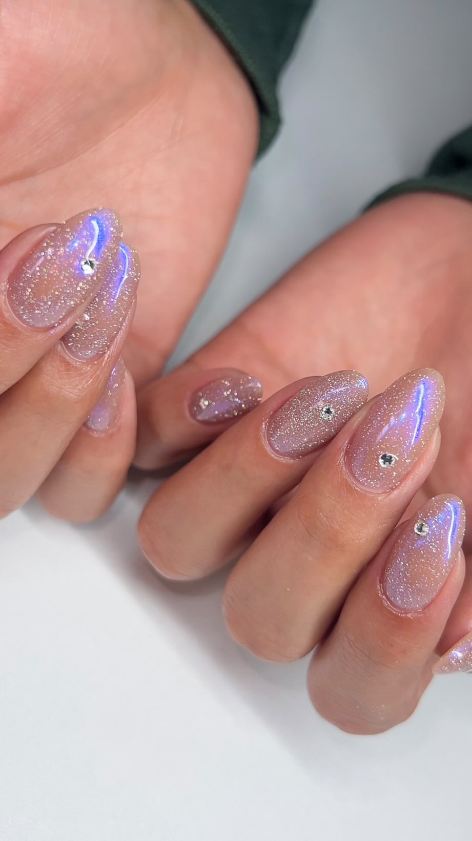 Instagram post by @nailnymphs for ICEGEL. Caption reads: [...] @zillabeau purple beam satin powder....