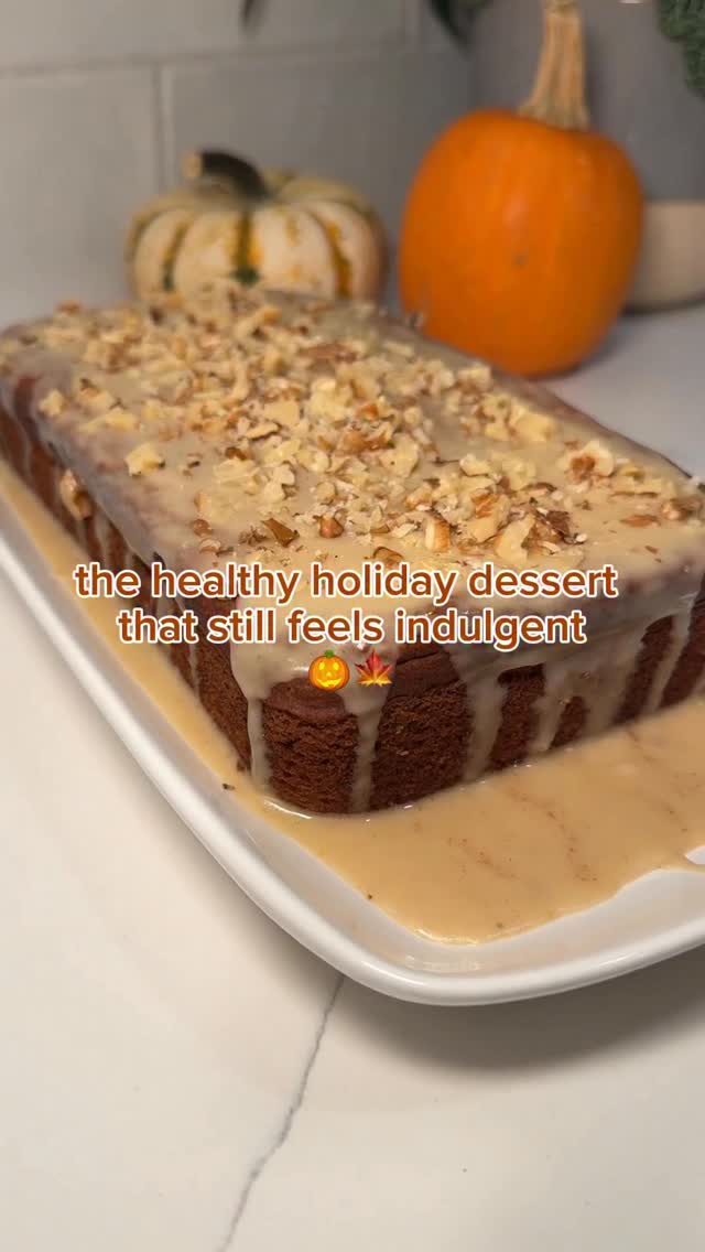 Instagram post by @simones.sofit for Bertolli. Caption reads: healthy pumpkin olive oil cake with maple glaze....