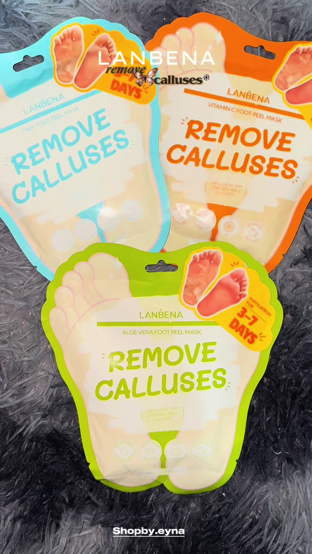 TikTok post by @shopby.eyna for Lanbena. Caption reads: CALLUSES? DEAD SKIN? — PEEL IT OFF! ✨ Lanbena Foot....