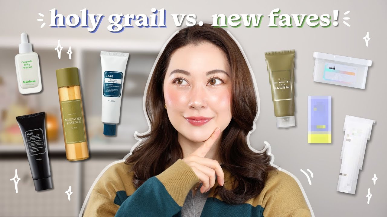 YouTube post by @TinaTanakaHarris for Wishtrend. Caption reads: *current* skincare OBSESSIONS! Holy Grails vs. New....