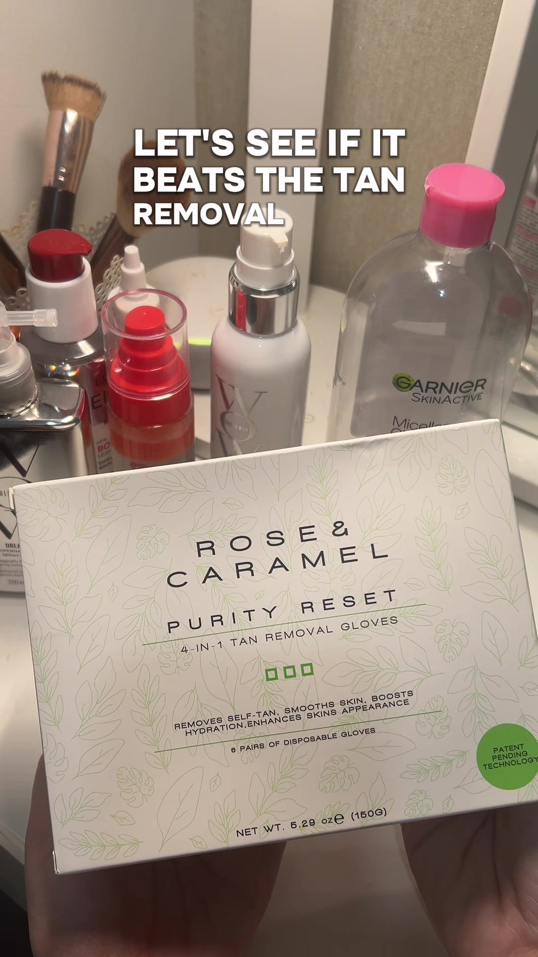 TikTok post by @emetrigg for Rose & Caramel. Caption reads: [...] #selftan #faketan @Rose & Caramel.