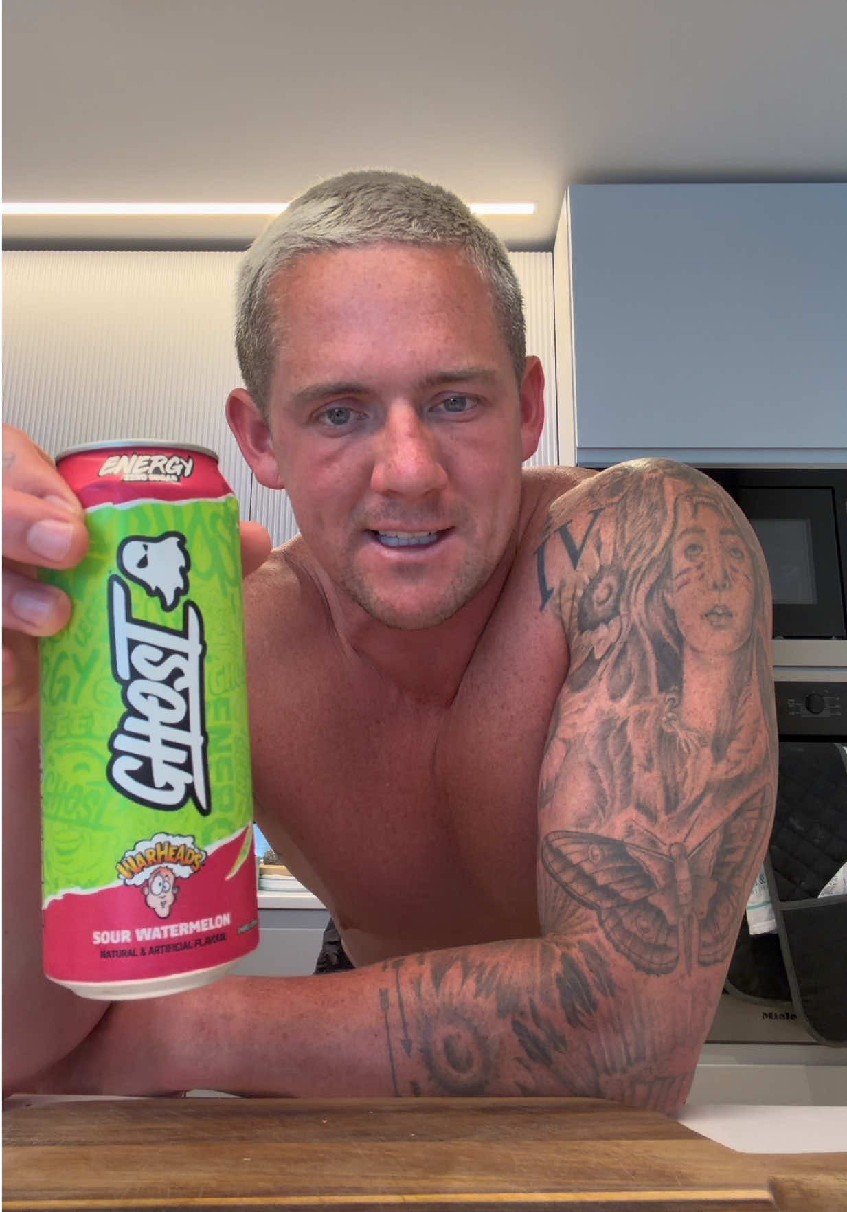 TikTok post by @temp_tation for GHOST® Energy. Caption reads: [...] Click the link below to get your....