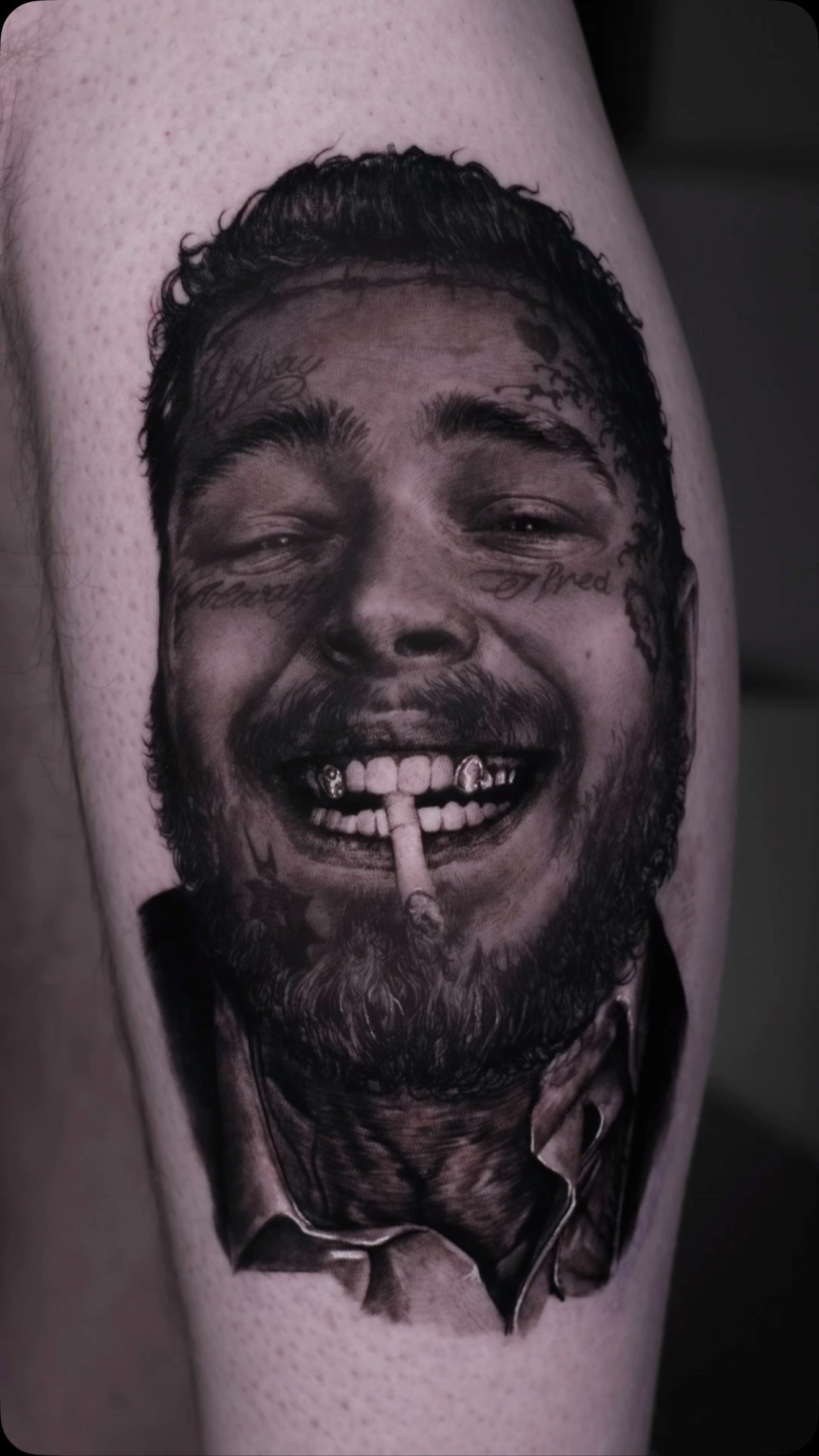 Instagram post by @johan_nieto_arttattoo for Tattoodo. Caption reads: POST MALONE turned pain into art and scars into....