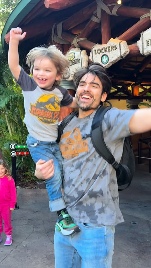 Instagram post by @jaredhaibon for Universal Orlando Resort. Caption reads: DAWSON WAS TALL ENOUGH TO RIDE JURASSIC PARK! He....