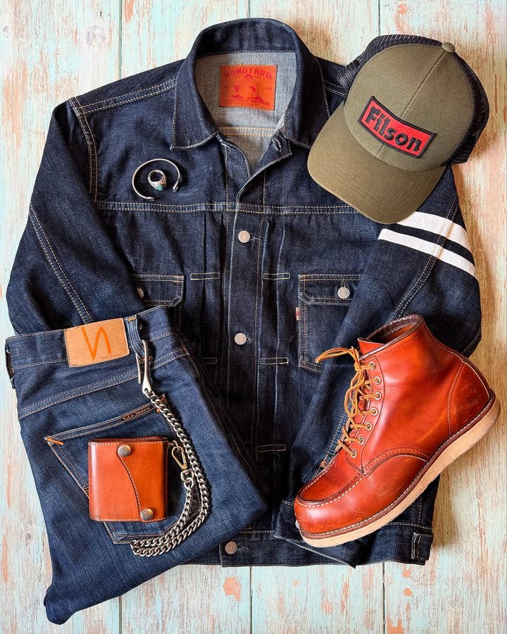 Instagram post by @joey_sam_blue for Red Wing Heritage. Caption reads: Happy weekend denimals! ✌️💙 this denim combo is....