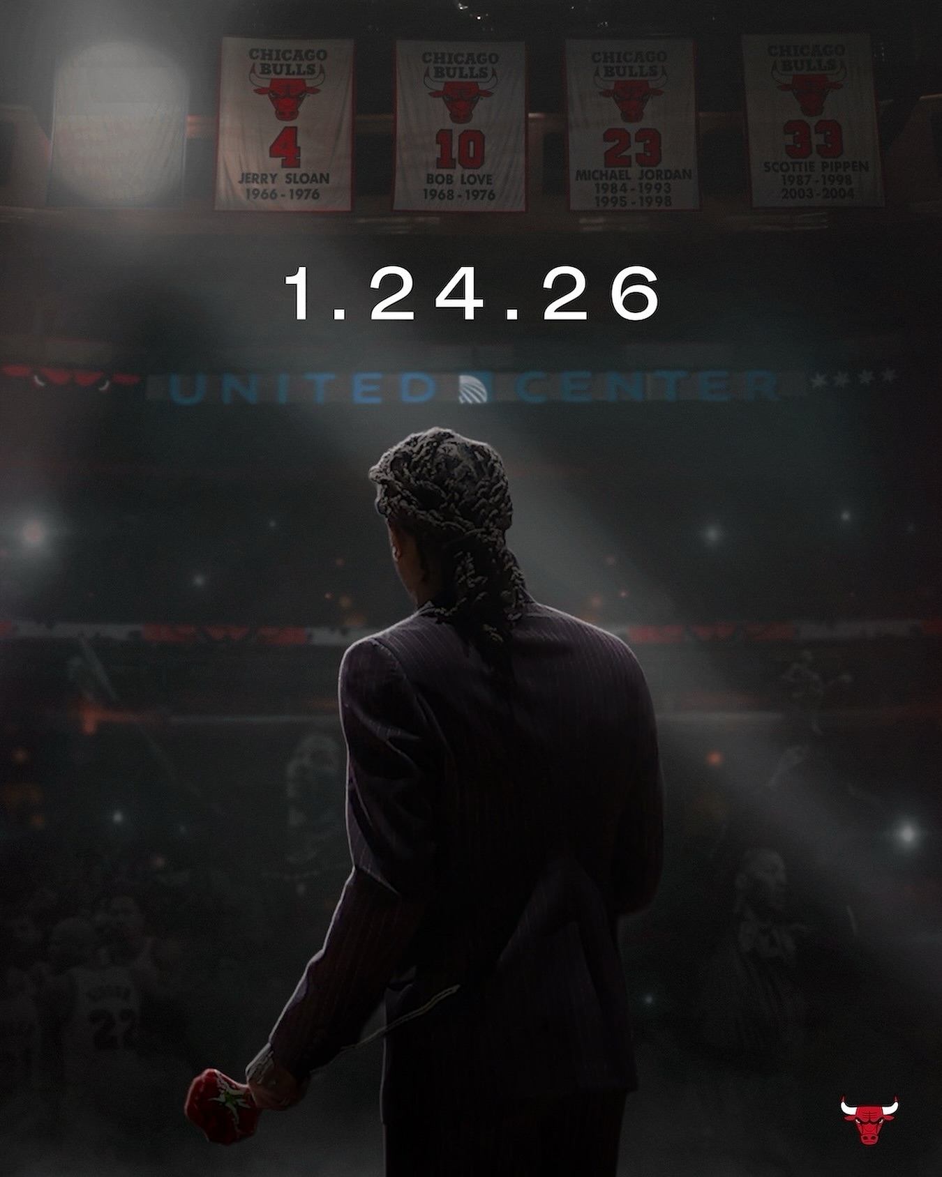 Instagram post by @drose for Chicago Bulls. Caption reads: January 24, 2026 🌹

Join us for Derrick Rose....