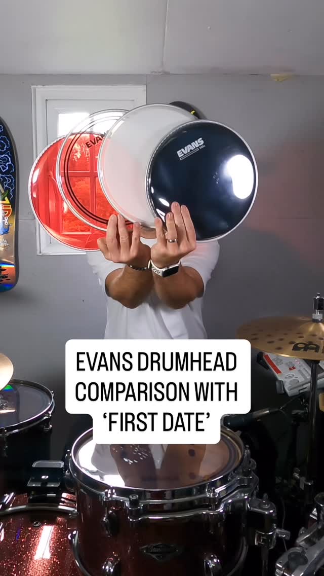 Instagram post by @tomhowarthdrums for EVANS Drumheads. Caption reads: Let me know your favourite in the comments!....