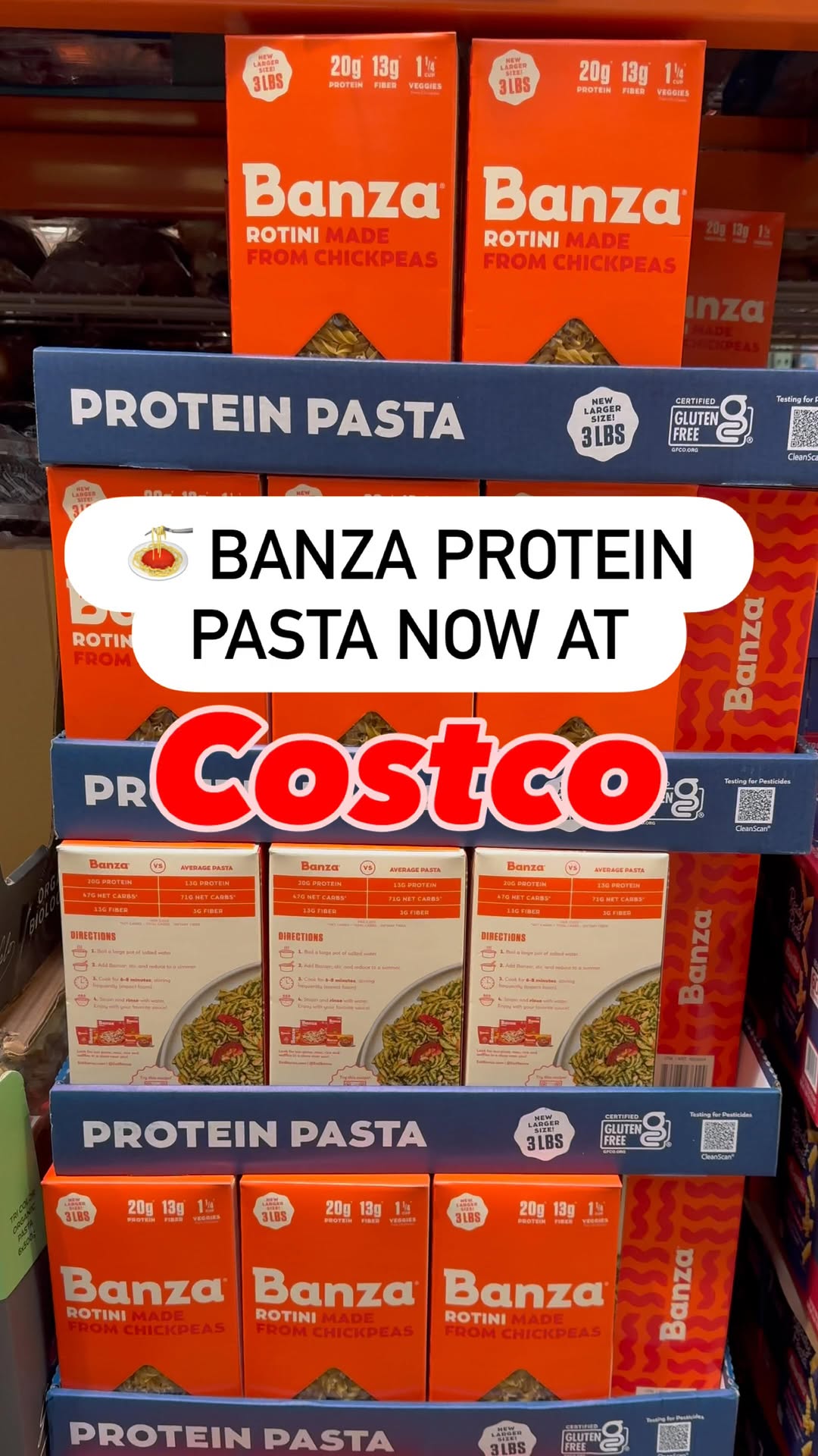 Instagram post by @discovering_costco for Banza. Caption reads: @eatbanza is not your average pasta - it’s made....