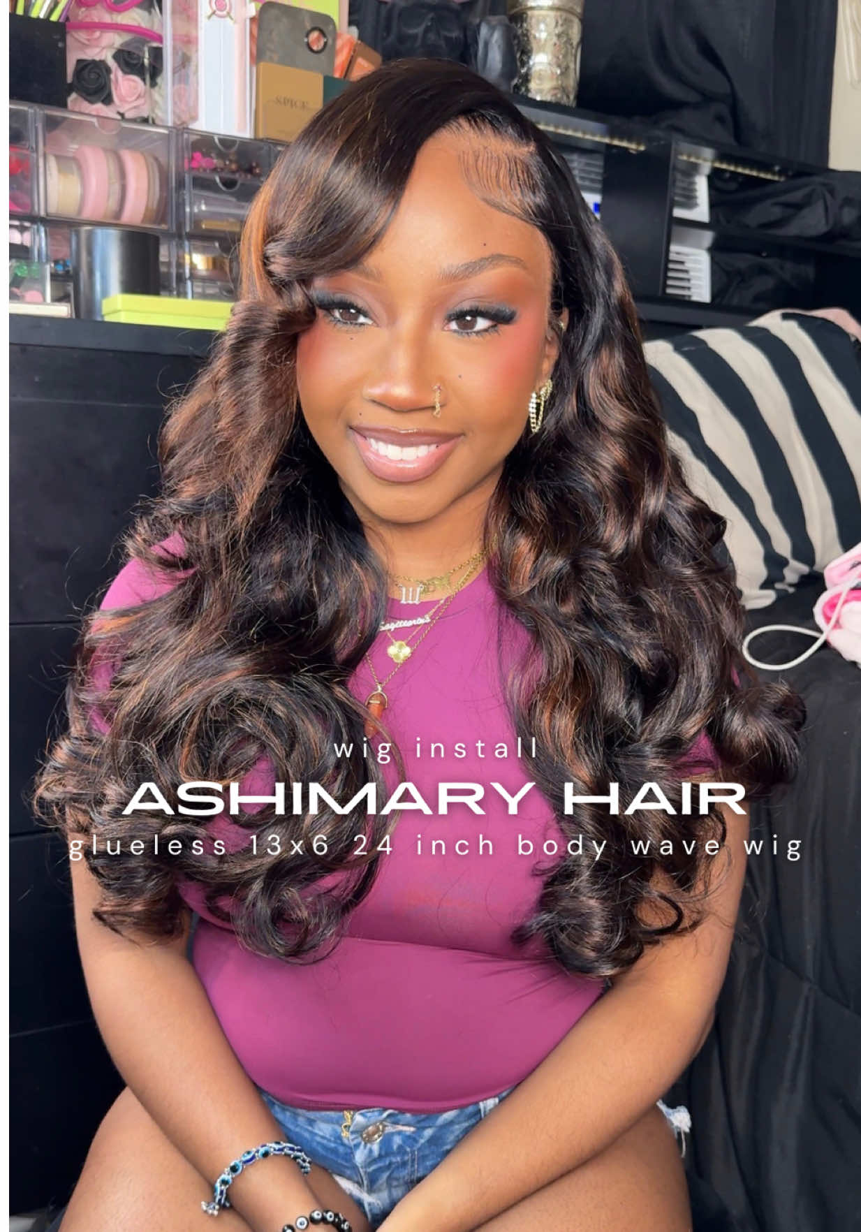 TikTok post by @thaarealbabyd for Ashimary Hair. Caption reads: Peacock curls with highlights 🤎 @Ashimary Hair....