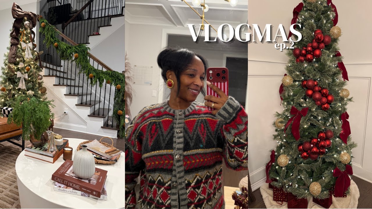 YouTube post by @JennyJacks for Twopagescurtains. Caption reads: CHRISTMAS HOLIDAY DECOR INSPO 2025 | 5 TREES,....