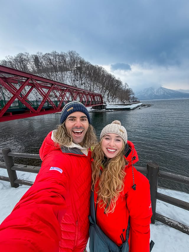 Instagram post by @brenttimmtravel for Hoshino Resorts. Caption reads: [...] Lake Shikotsu Ice Festival 🏨 Hotel....