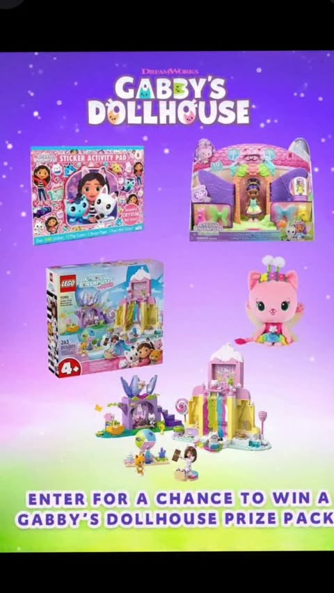 Instagram post by @therainbowfamilyfun for Gabby's Dollhouse. Caption reads: [...] March 29th! ⏳ #Giveaway #Contest....