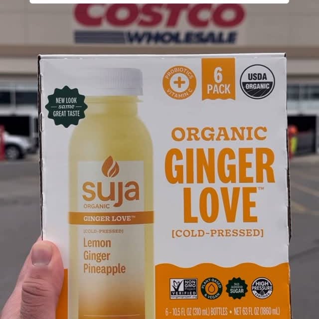 Instagram post by @costcobuys for Suja Organic. Caption reads: 😍 Suja Organic Ginger Love™ is at Costco NOW for....