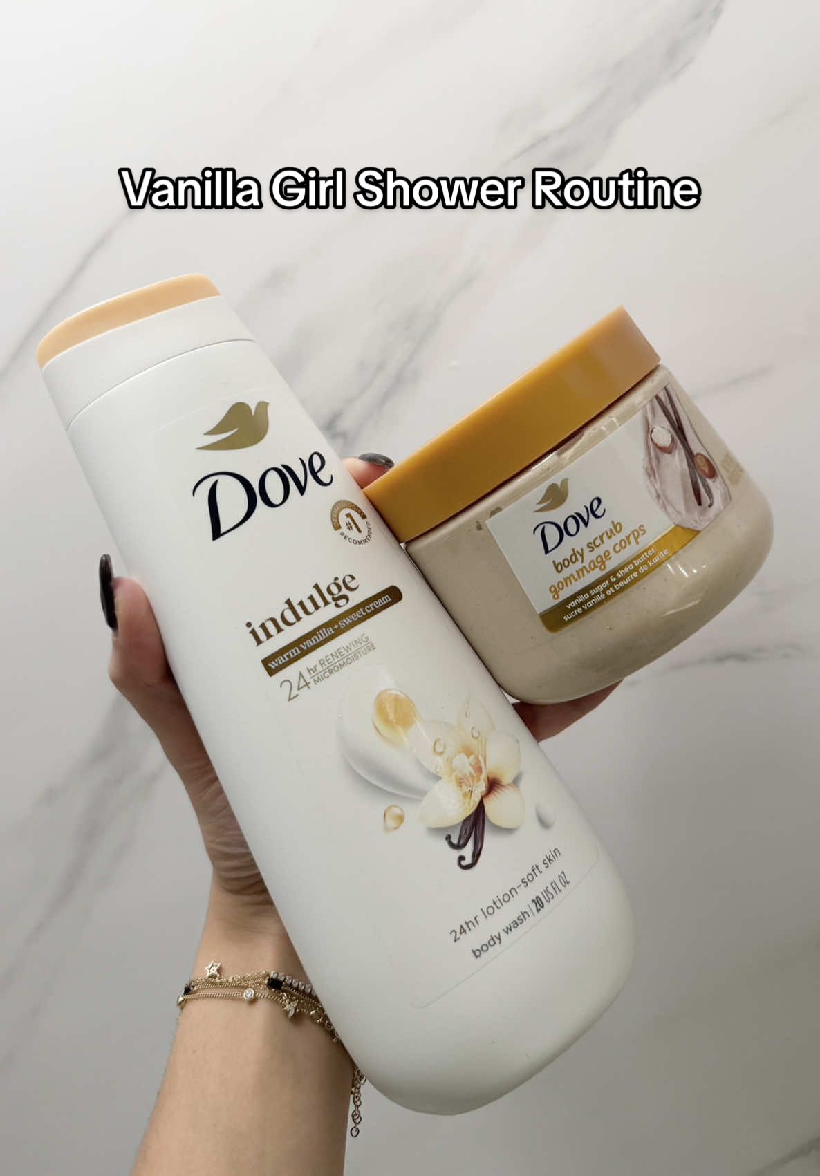 TikTok post by @mayanagy for Dove. Caption reads: The DREAM vanilla girl shower routine🍦 @Dove....