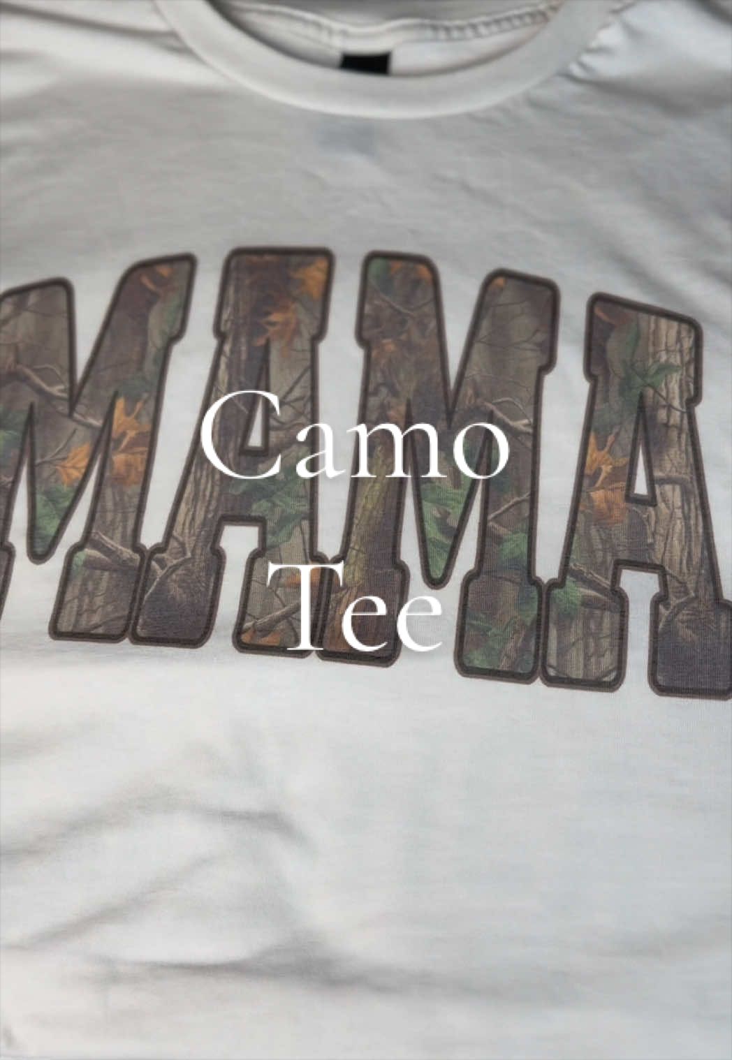 TikTok post by @hannahs_favorite_finds for PartyOnShop. Caption reads: [...] Camo word tee. Graphic tee. Mama tee.....