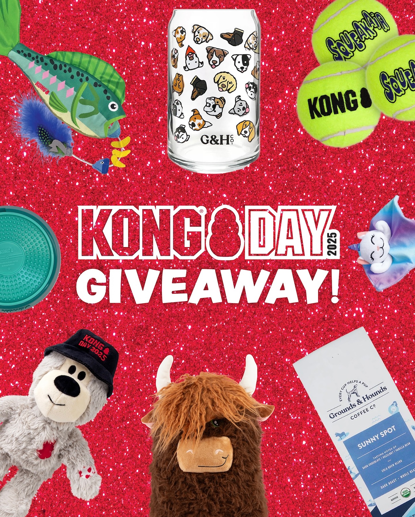 Instagram post by @kongcompany for Grounds & Hounds Coffee Co.. Caption reads: GIVEAWAY CLOSED! NEXT GIVEAWAY IS 8/8! KONG® DAY....