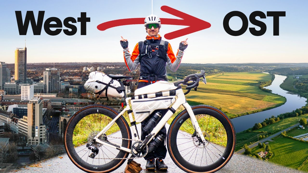 YouTube post by @BastianBrutzer91 for komoot. Caption reads: Solo bikepacking through Germany (831km): WEST -....