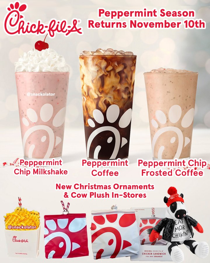 Instagram post by @snackolator for Chick-fil-A. Caption reads: Peppermint Season is BACK at Chick-fil-A and this....