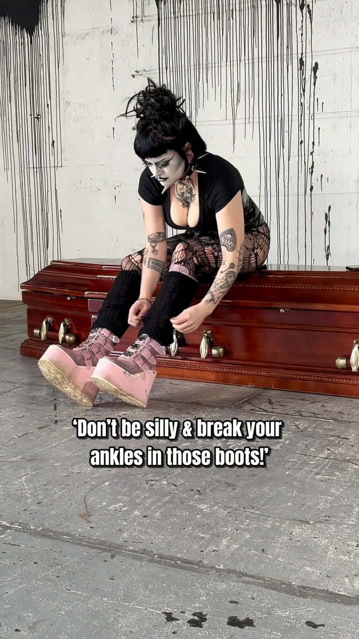 Instagram post by @motherof.hades for Demonia Shoes. Caption reads: Cannot be contained once my @demonia.shoes are....