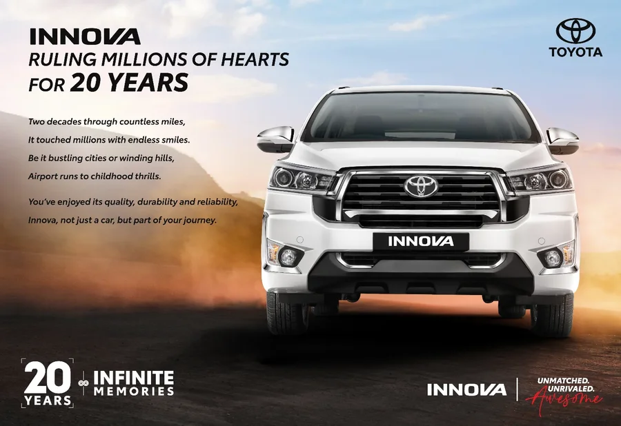 Instagram post by an influencer for Toyota India. Caption reads: [...] #20YearsofInnova #ToyotaIndia #Awesome....