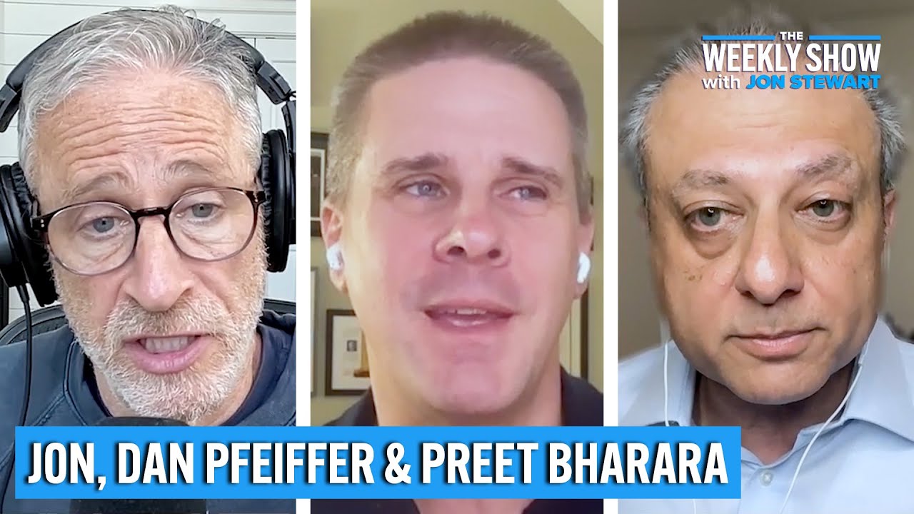 YouTube post by @WeeklyShowPodcast for Smalls. Caption reads: Jon, Dan Pfeiffer & Preet Bharara on Trump’s....