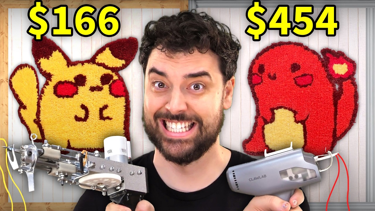 YouTube post by @EvanAndKatelyn for Squarespace. Caption reads: Cheap vs Expensive: Rug Tufting for the First Time.