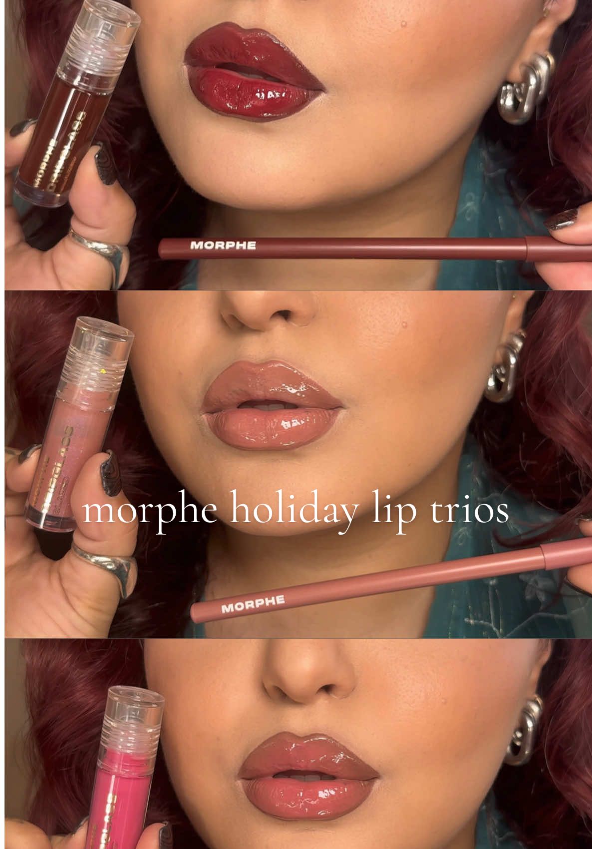 TikTok post by @margiesstyle for Morphe. Caption reads: @Morphe Cosmetics holiday lip pencil & lip gloss....