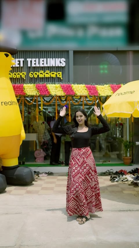 Instagram post by @archita_dash123 for realme. Caption reads: Patia, realme is finally here! 📱✨ Visit Cellnet....