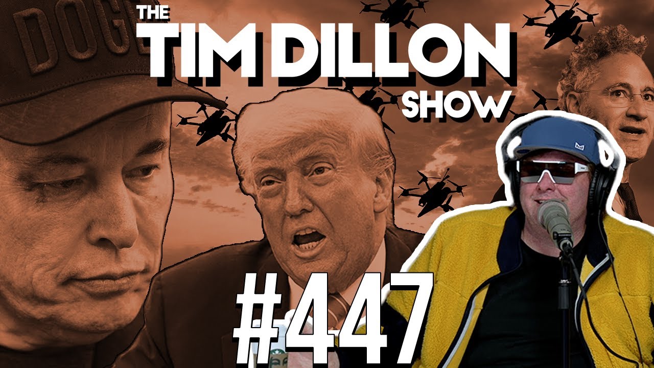 YouTube post by @TimDillonShow for Morgan & Morgan. Caption reads: Musk vs. Trump, Ukrainian Drones, & A Very Special....