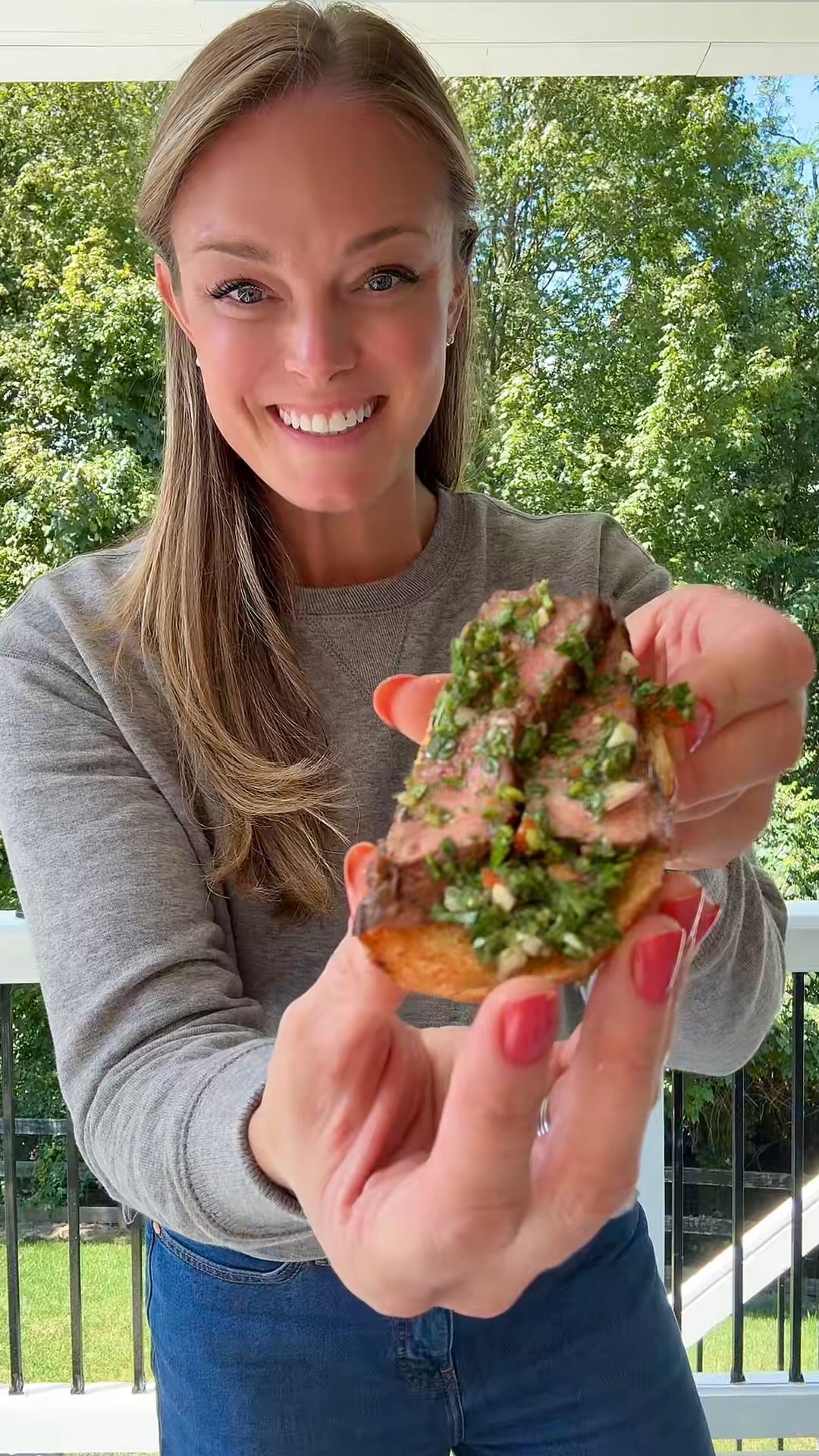 Instagram post by @ejscookin for Taste of Home. Caption reads: This bright and zesty chimichurri packs a punch of....