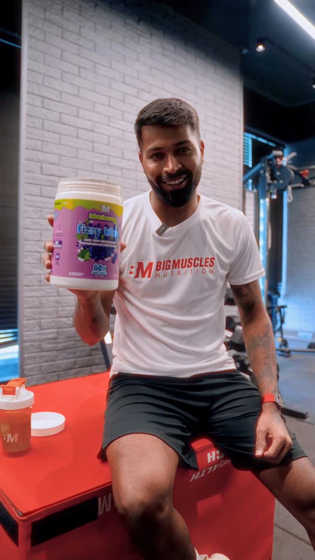 Instagram post by @hardikpandya93 for Bigmuscles Nutrition. Caption reads: Not every protein earns my trust — But @fizzywhey....