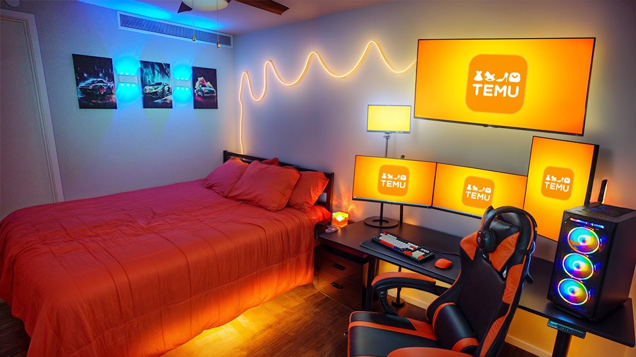 YouTube post by @Kamahley for amaran. Caption reads: I Built The Ultimate Temu Gaming Bedroom.