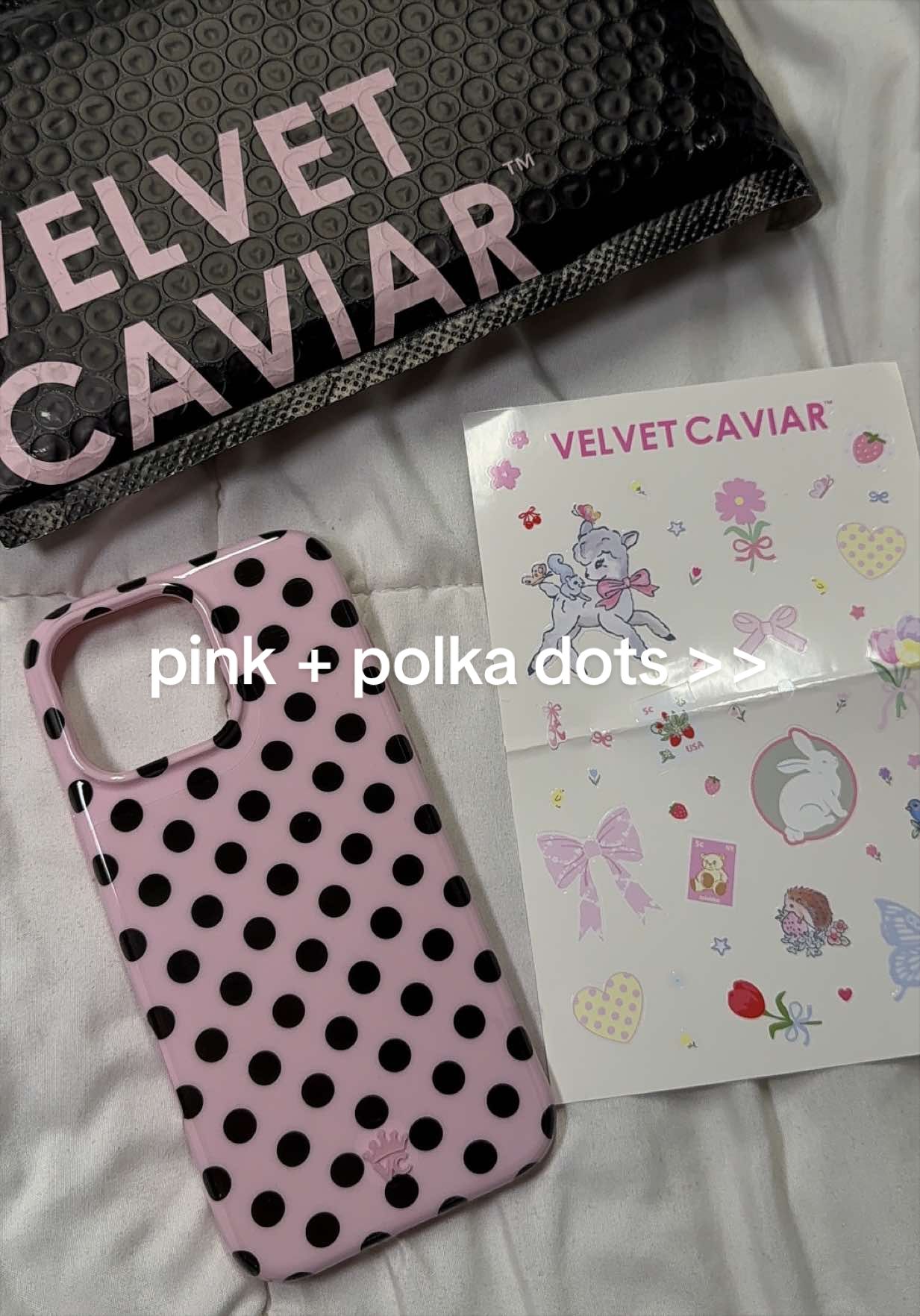 TikTok post by @evelyntxrres for VELVET CAVIAR. Caption reads: my new obsession ✨ @velvetcaviar #polkadot....