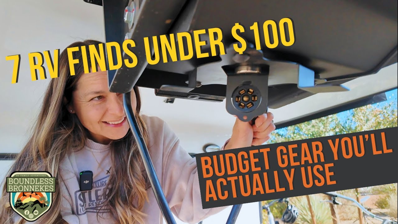YouTube post by @Boundlessbronnekes for RVLock. Caption reads: 7 RV FINDS UNDER $100- Practical RV Gear You’ll....
