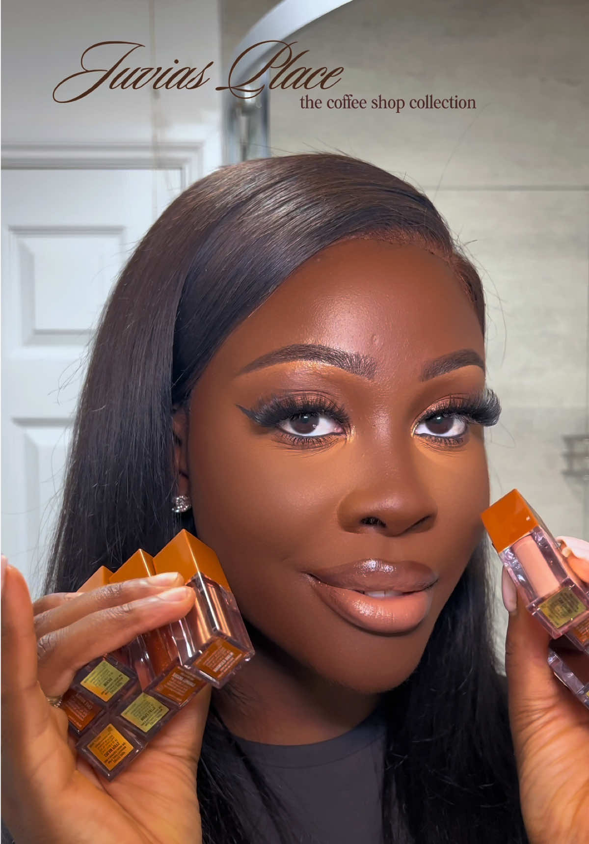 TikTok post by @efyamensahs for Juvia’s Place. Caption reads: Coffee, but make it glam ☕️✨🍂 #coffeemakeup....