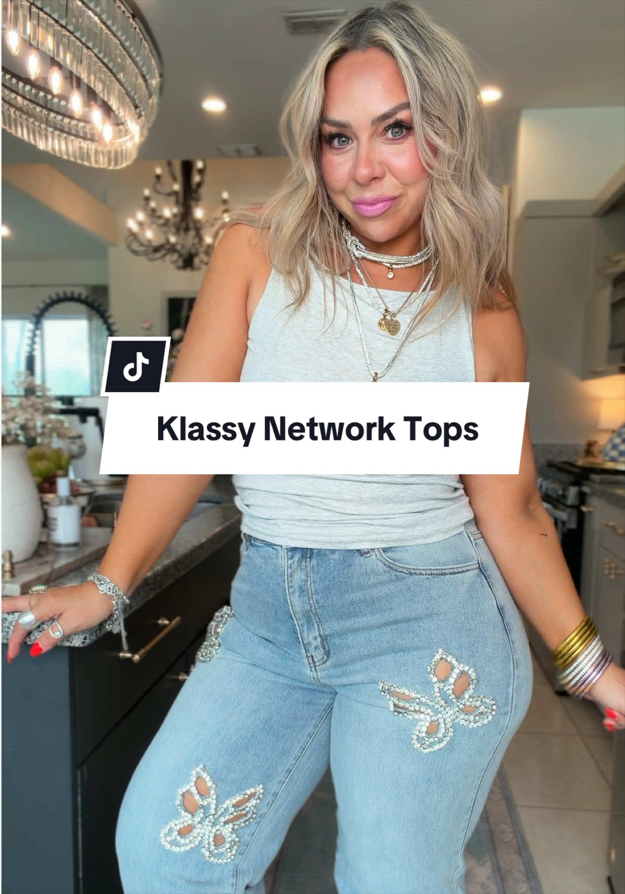 TikTok post by @lindaannettem for Klassy Network. Caption reads: [...] all of the braless tank tops!!!🤏🏼 @Klassy....