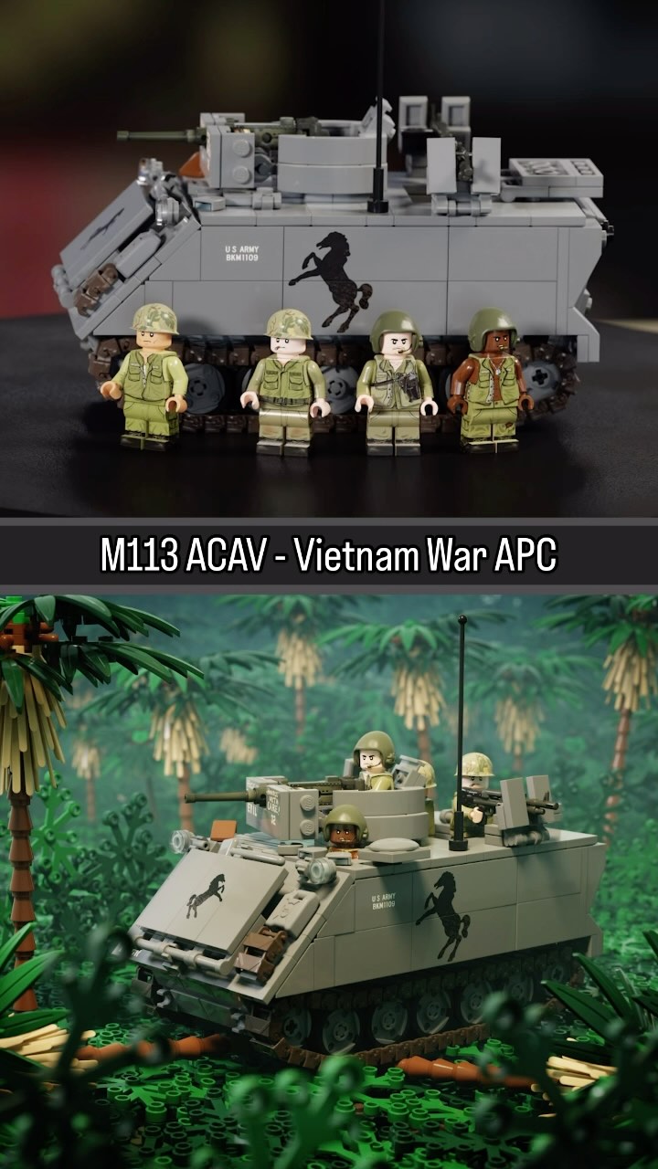 Instagram post by @dan.bkm for Brickmania Toys. Caption reads: About the M113 ACAV- Vietnam War Armored Cavalry....