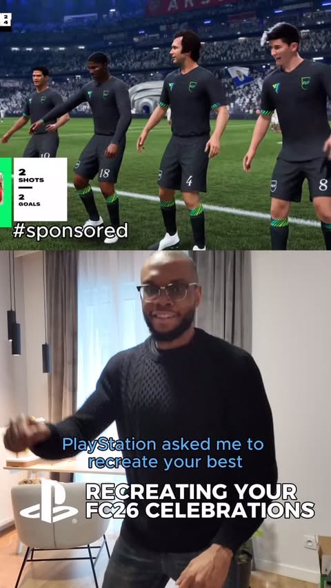 Instagram post by @chuboi for PlayStation. Caption reads: Recreating your FC 26 celebrations! 
From goals to....