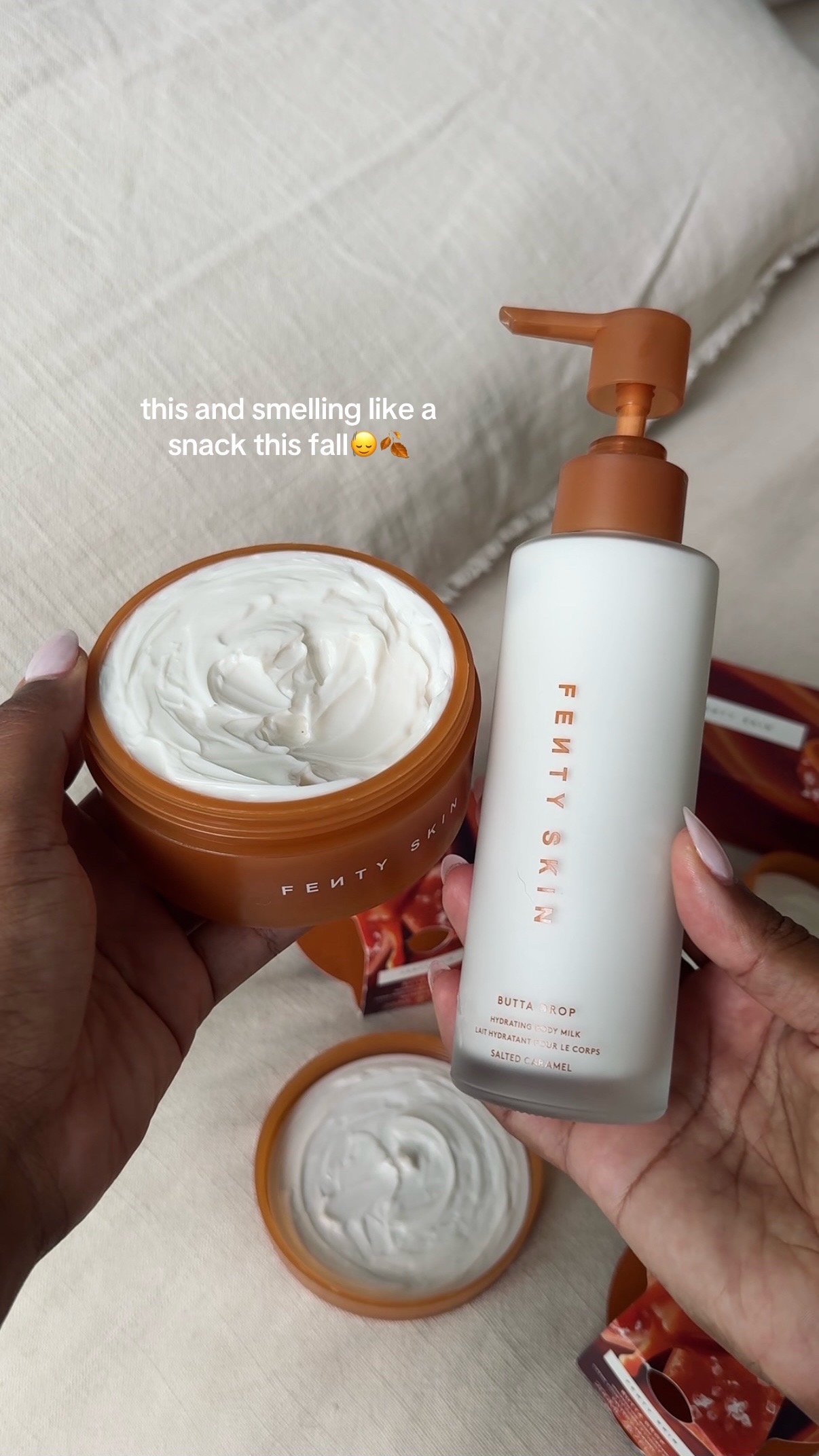TikTok post by @leigha_chrstine for Fenty Beauty. Caption reads: [...] back salted caramel!!!😍🍂 #fentybeauty....