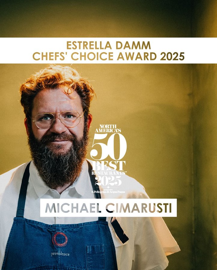 Instagram post by @cimarustila for Estrella Damm. Caption reads: Michael Cimarusti of Providence in Los Angeles....