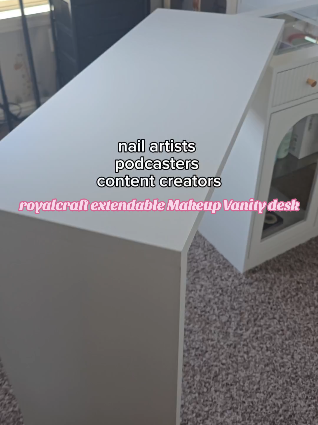 TikTok post by @justacouple155 for Royalcraft. Caption reads: This RoyalCraft Makeup Vanity Desk feels like it....
