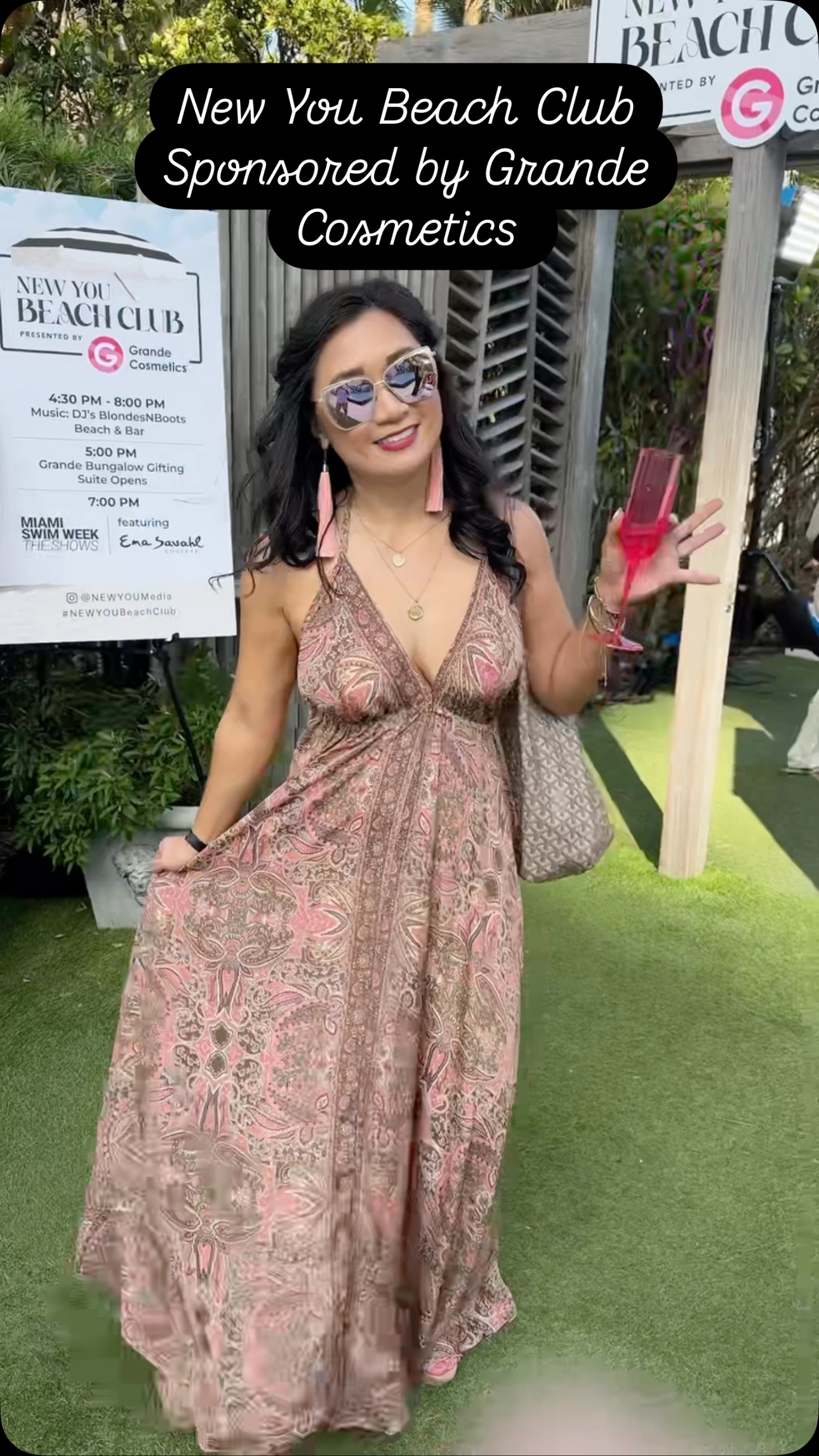 Instagram post by @laurapucker for Grande Cosmetics. Caption reads: ✨ MIAMI BEAUTY TAKEOVER ALERT! 🌴 Just experienced....