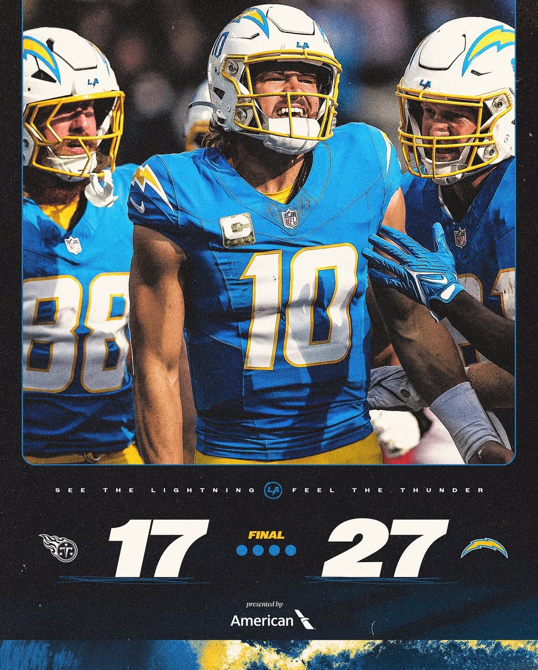 Instagram post by @chargers for American Airlines. Caption reads: the only tenn i see.