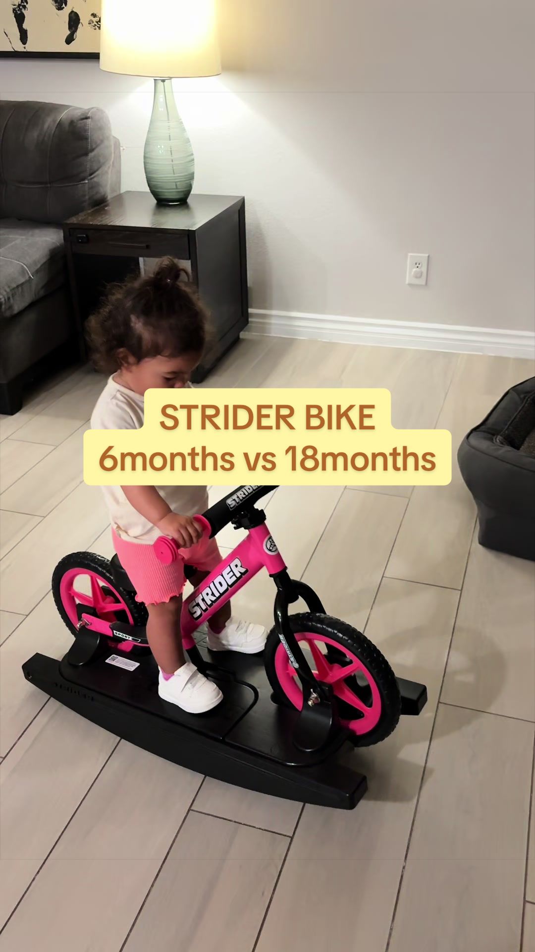 TikTok post by @amandamastrion for Strider Bikes. Caption reads: We have had our @Strider Bikes for exactly a year....